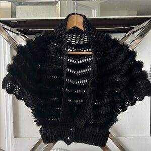 Saks Fifth Avenue Black Knit Cape with Fur Details